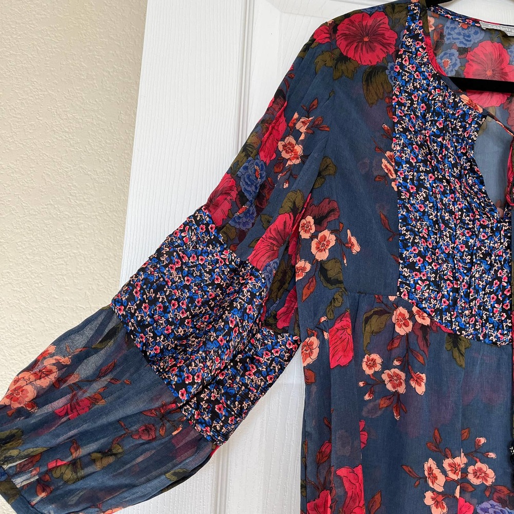 Anthropologie Navy Floral Peasant Blouse with Pink & Red Blossoms - Picture 4 of 6
